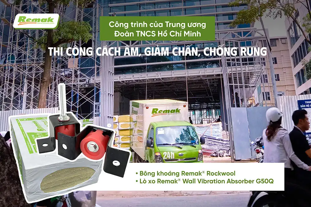 Bông khoáng Remak® Rockwool và Remak® Wall Vibration Absorber G50Q được sử dụng để làm vách cách âm tường 1 lớp tại Trung tâm Văn hoá & Phát triển năng lực số Thanh niên